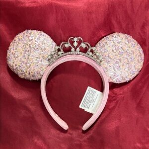 Pink Sequin Minnie Ears with tiara Disney Ears.